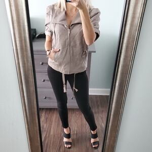BCBGMaxAzria Leather Short Sleeve Taupe Jacket
